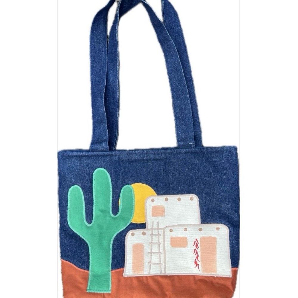 DENIM TOTE Bag with Southwest Cactus & Adobe House Design NEW